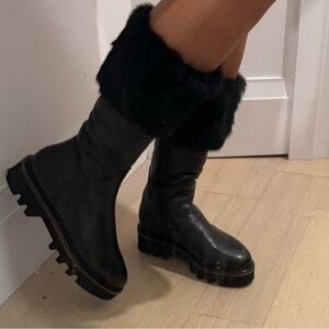 Le Pepe black leather fur trim lugged boots